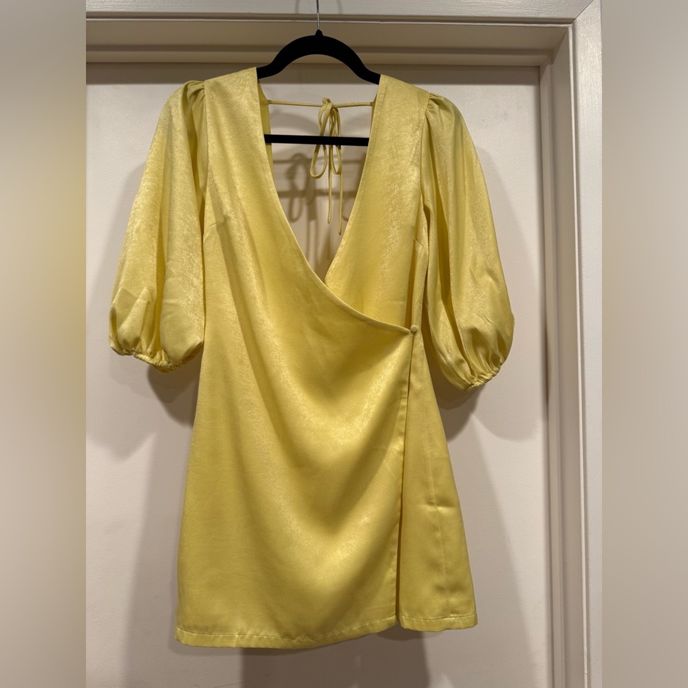 Privacy Please Yellow Backless Wrap Satin Dress